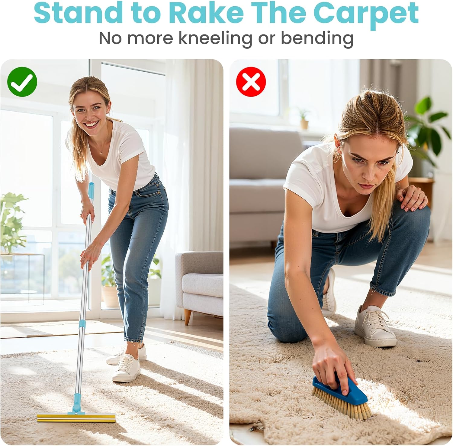 3 in 1 Carpet Rake for Pet Hair Removal, Tool Set of 3, 55” Long Handle Carpet Pet Hair Removal