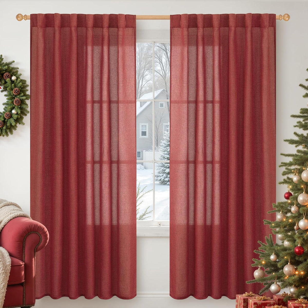 YoungsTex Red Linen Semi Sheer Curtains 78 Inch Length for Living Room, Christmas Light Filtering