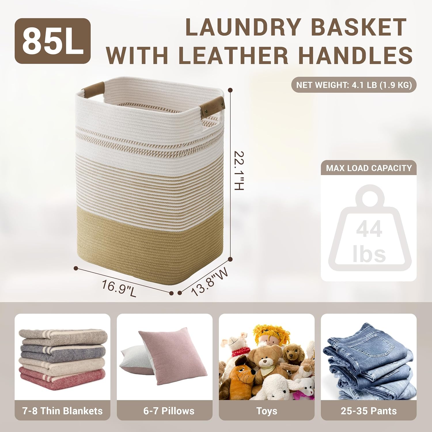 85L Tall Laundry Hamper with Handles for Living Room Storage, Extra Large Woven Rope Baskets Bin