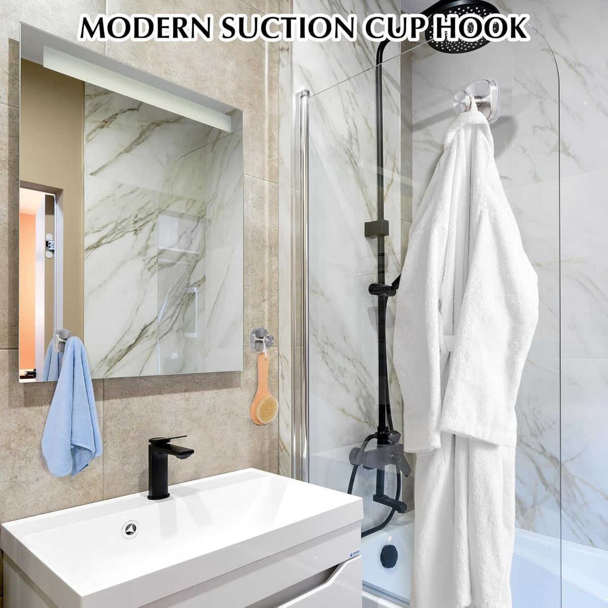 Suction Cup Hooks for Shower - Reusable No-Drill Mounting - Hooks for Towels, Robes & Loofah on