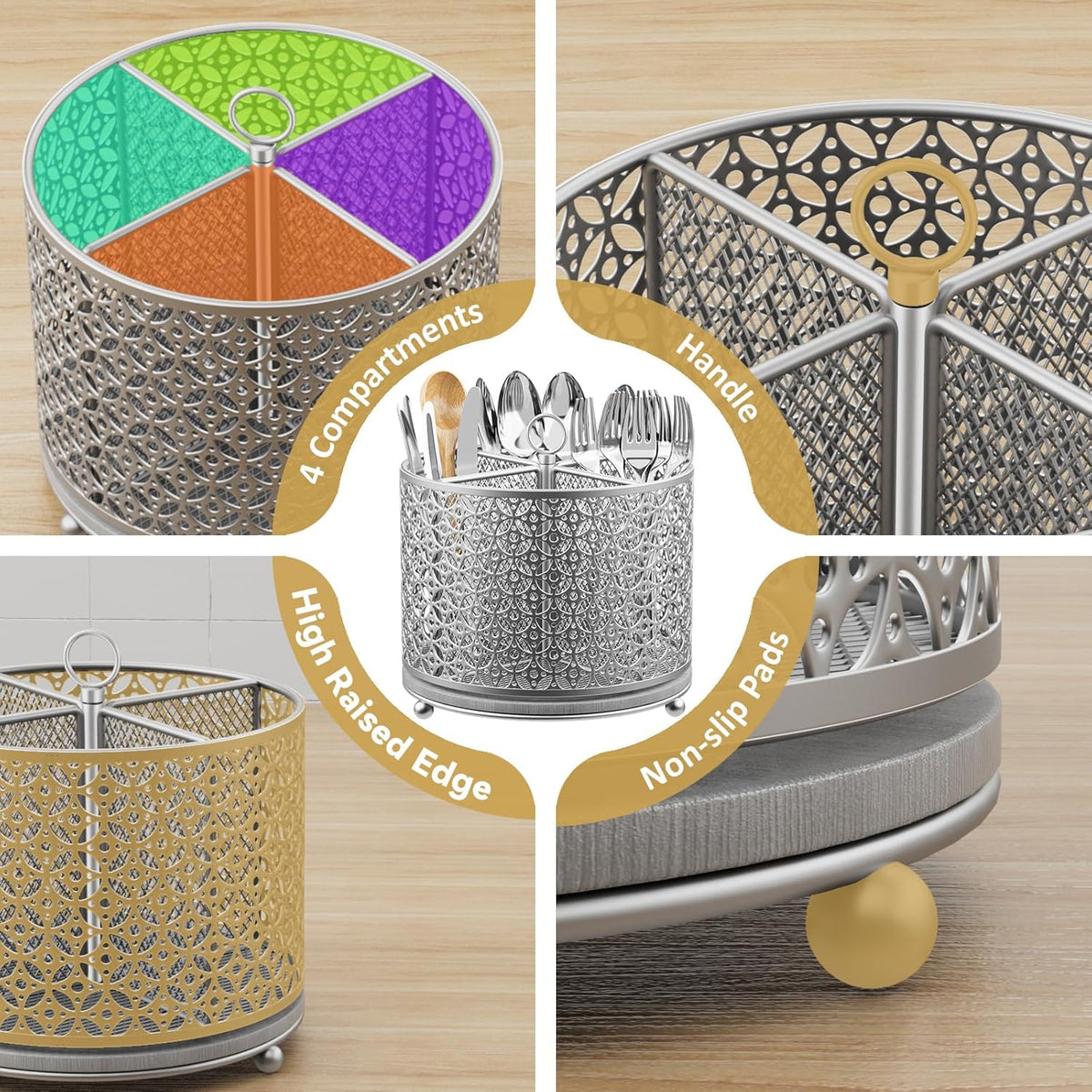 Rotating Utensil Holder for Kitchen - Silverware Caddy Fast-Drying Flatware Organizer 4 Compartment