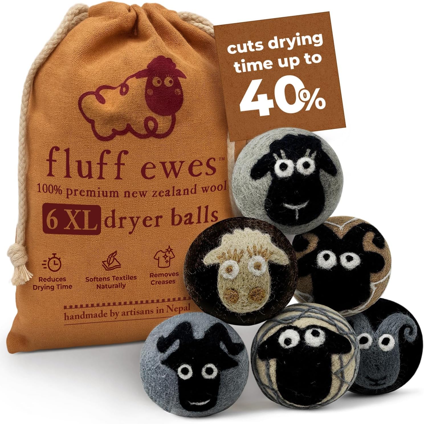 Fluff Ewes Wool Dryer Balls 6 Pack Premium New Zealand Wool Laundry Balls for Dryer, No Static
