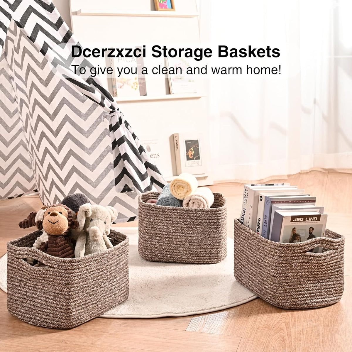 Small Storage Baskets for Organizing Shelves, Cotton Rope Basket for Storage, Cute Rectangular Book