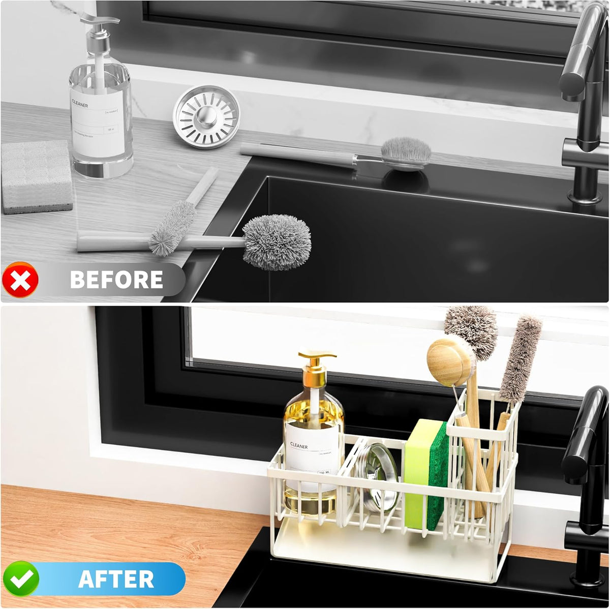 Cisily Off White Sponge Holder for Kitchen Sink, Sink Caddy Organizer with High Brush Holder