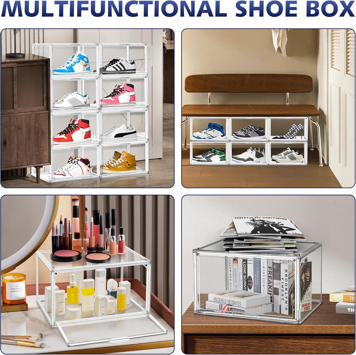 12 Pack Shoe Organizer Clear Plastic Stackable Shoe Storage Boxes with Magnetic Lid Acrylic Display