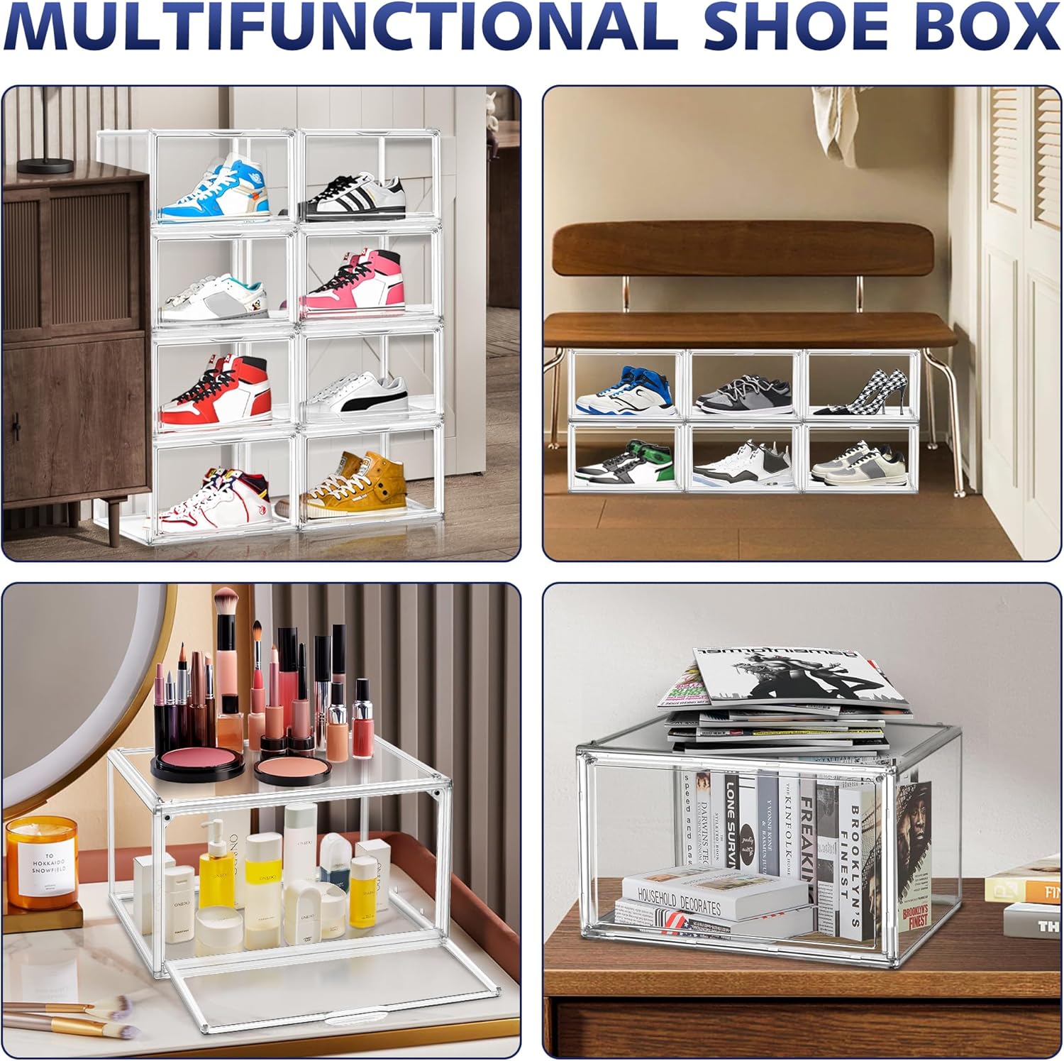 12 Pack Shoe Organizer Clear Plastic Stackable Shoe Storage Boxes with Magnetic Lid Acrylic Display