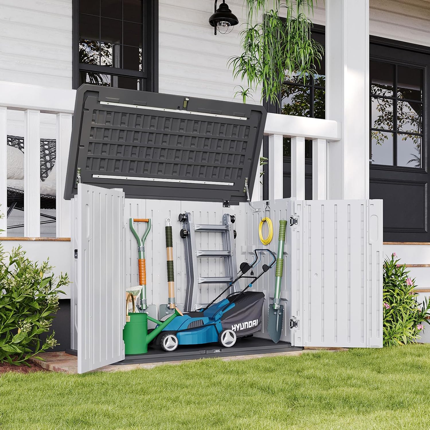 Aoxun Outdoor Storage Cabinet 35 Cu.Ft Outdoor Trash Can Storage Shed Waterproof Horizontal Storage