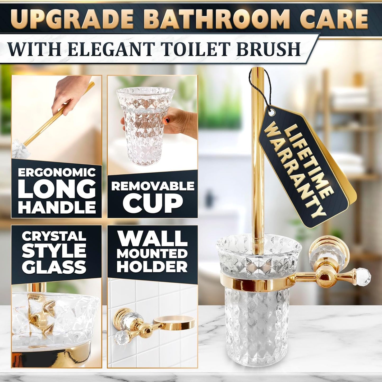 Gold Stainless Steel Toilet Brush with Crystal Toilet Brush Holder Set – Wall Mounted Holder