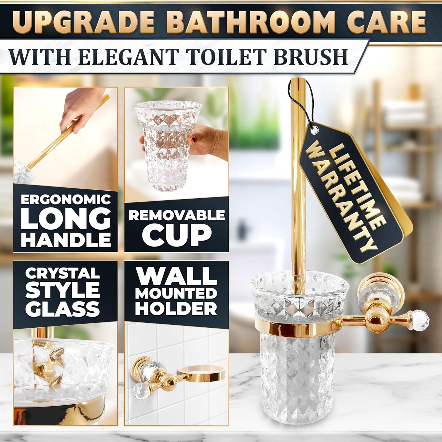 Gold Stainless Steel Toilet Brush with Crystal Toilet Brush Holder Set – Wall Mounted Holder