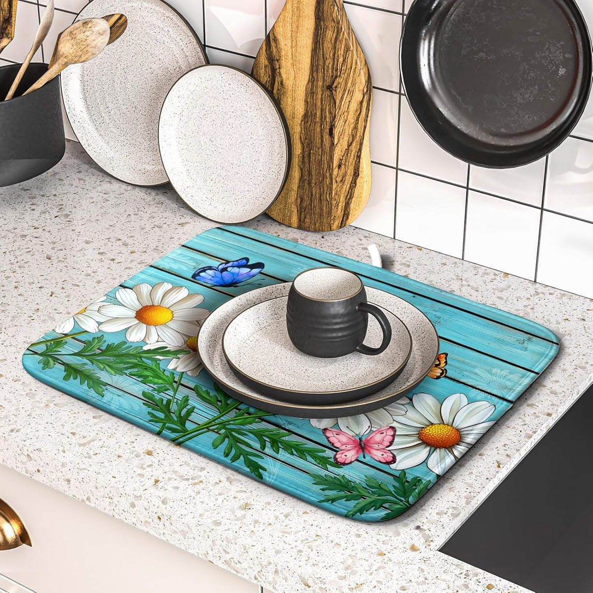 Spring Daisy Floral Dish Drying Mat for Kitchen Counter 16x18in Turquoise Daisy Old Wooden Board