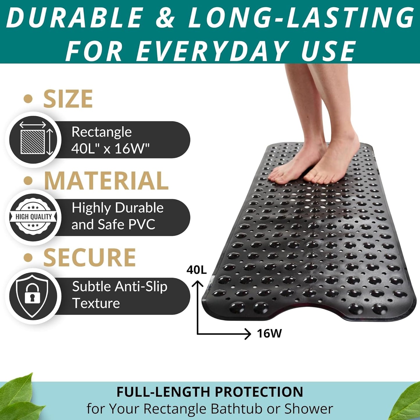 ENKOSI Bath Mat – 40 x 16 Inch Extra Long Non Slip Bathtub Mat – Anti Slip Black Shower Mat with