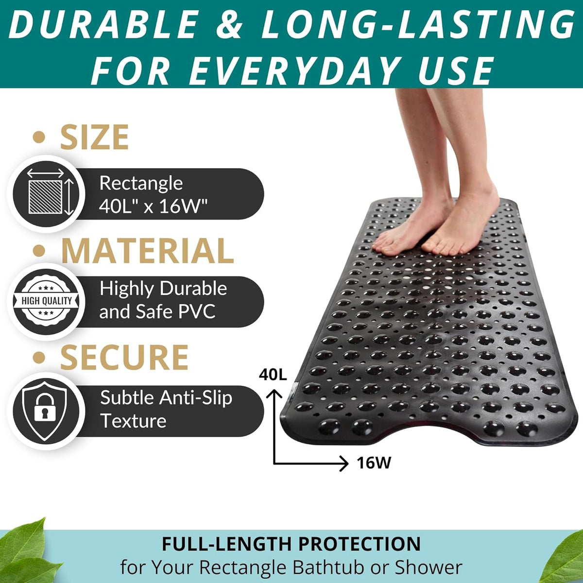 ENKOSI Bath Mat – 40 x 16 Inch Extra Long Non Slip Bathtub Mat – Anti Slip Black Shower Mat with