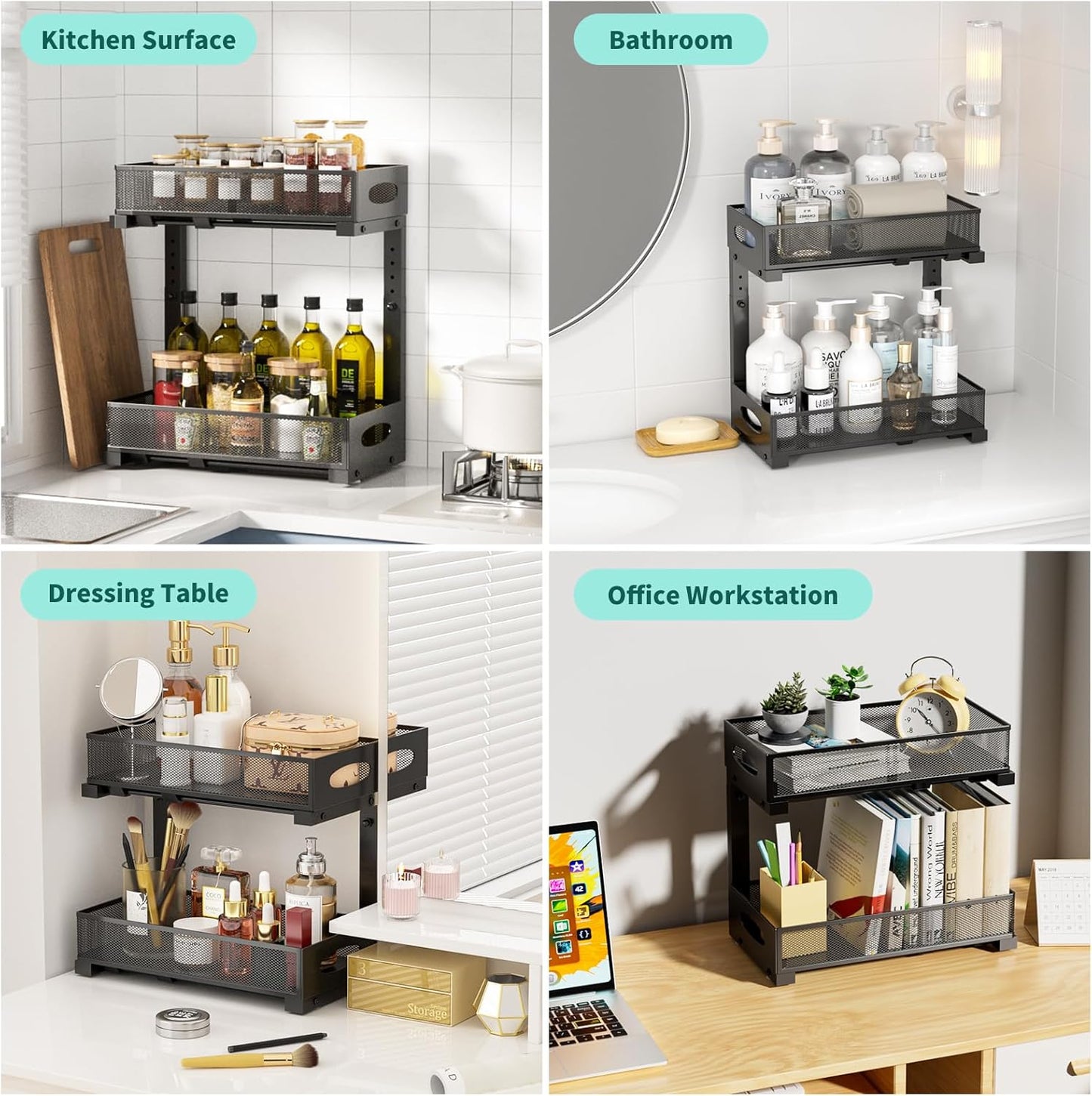 Under Sink Organizer, 2-Pack of 2-Tier Metal Slide Out Pull Out Cabinet Organizer Shelf, Height