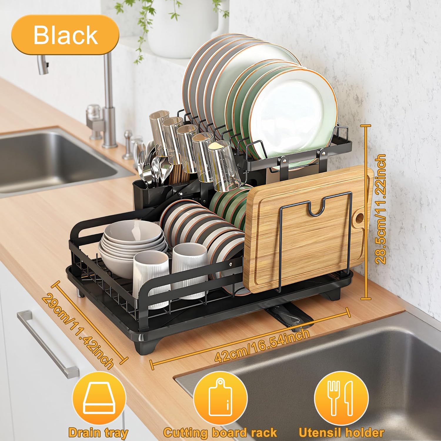 Dish Drying Rack Large 2 Tier Carbon Steel Dish Rack for Kitchen Counter,2-Tier Kitchen Organizers