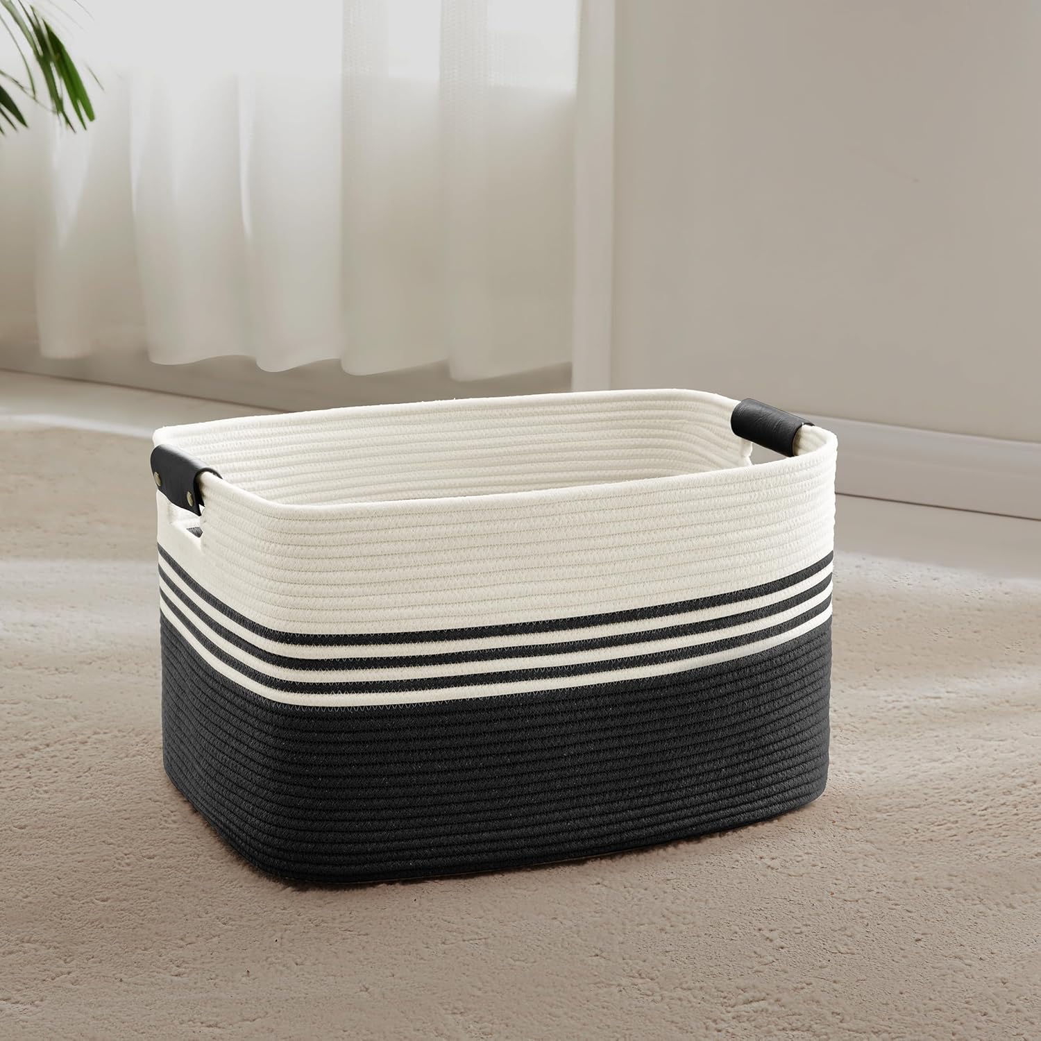 45L Small Laundry Basket with Leather Handles for Living Room Storage, Woven Rope Baskets Bin for