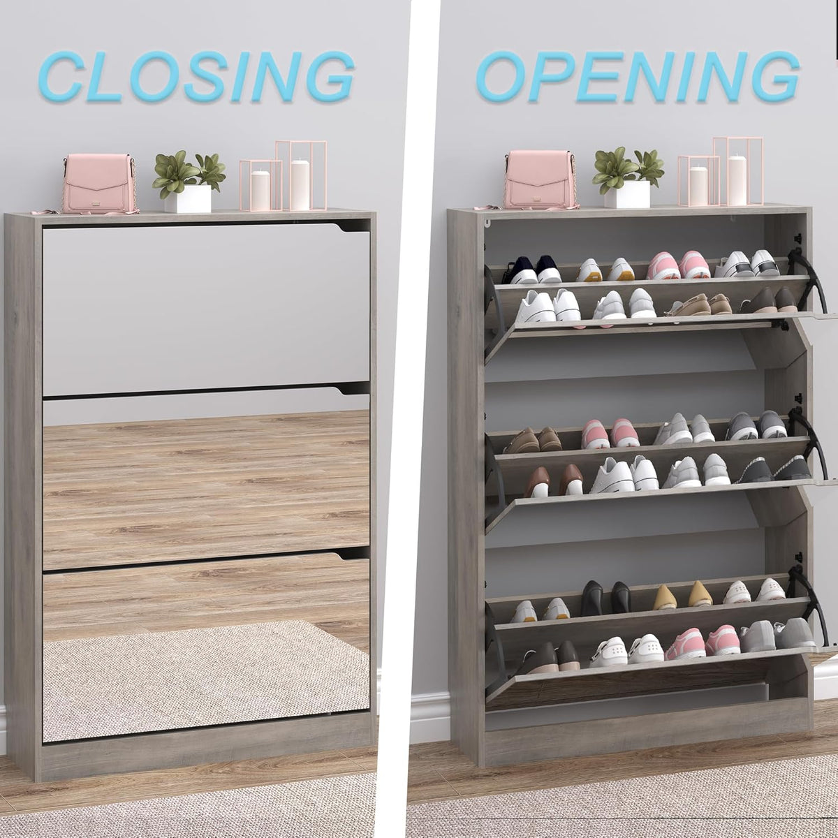 Shoe Cabinet with 3-Flip Mirror Drawers, Freestanding Shoe Rack Organizer with Hidden Handle, Slim