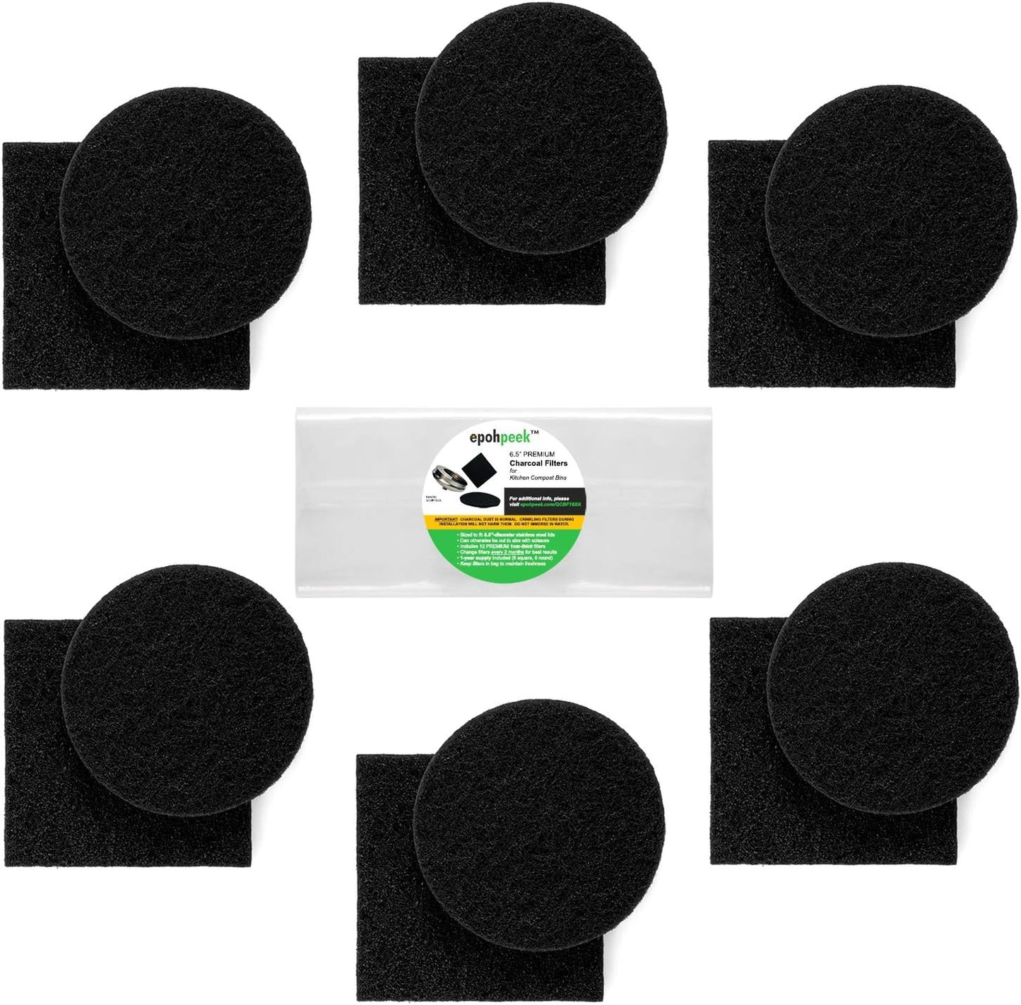 Epohpeek Compost Bin Filters Charcoal - Filter Replacement for Kitchen Pail Composter, 12 Pack