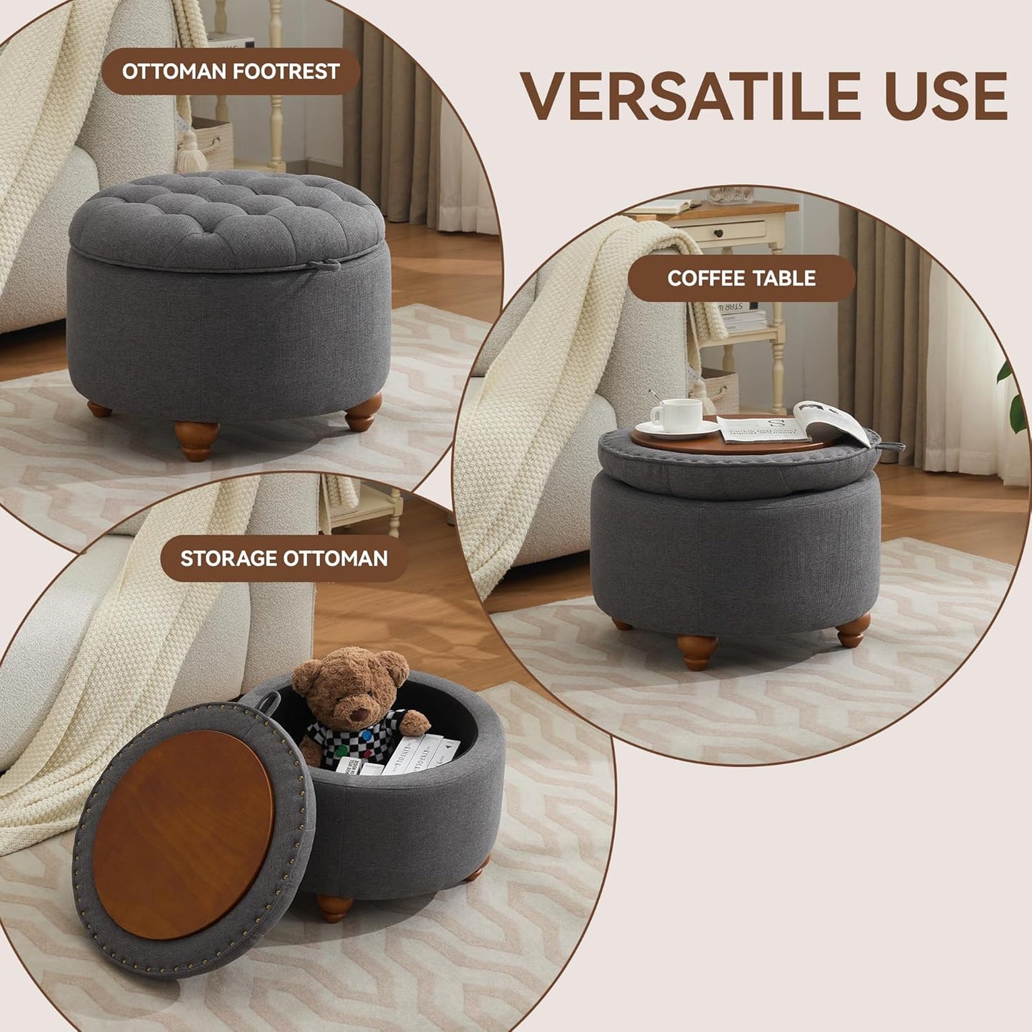 24Inch Round Storage Ottoman with Tray, Modern Tufted Fabric Circle Coffee Table with Storage