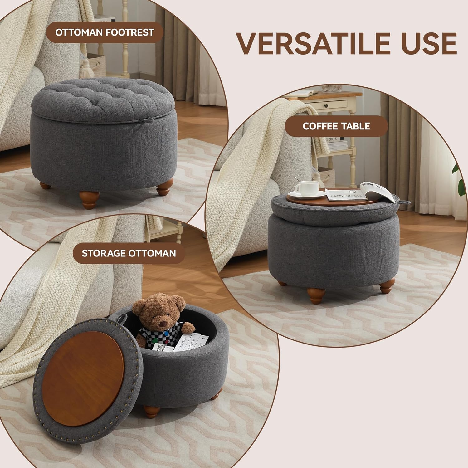 24Inch Round Storage Ottoman with Tray, Modern Tufted Fabric Circle Coffee Table with Storage