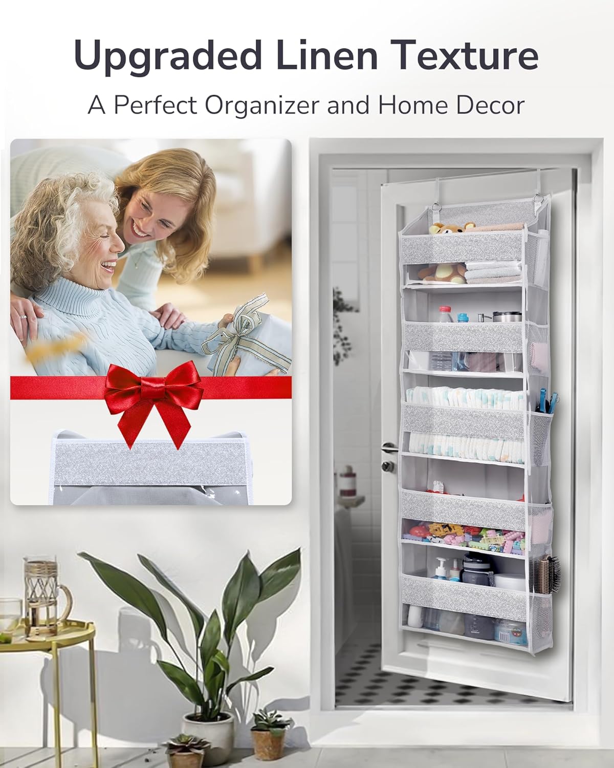 ULG 1 Pack Over Door Organizer with 5 Large Pockets 10 Mesh Side Pockets, Upgraded Linen Texture