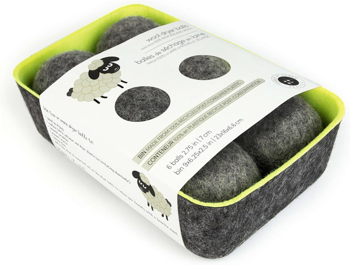 Three by Three Seattle Felt·Like·it!™ Wool Dryer Balls + Storage Bin: Reduce Drying Time, Static