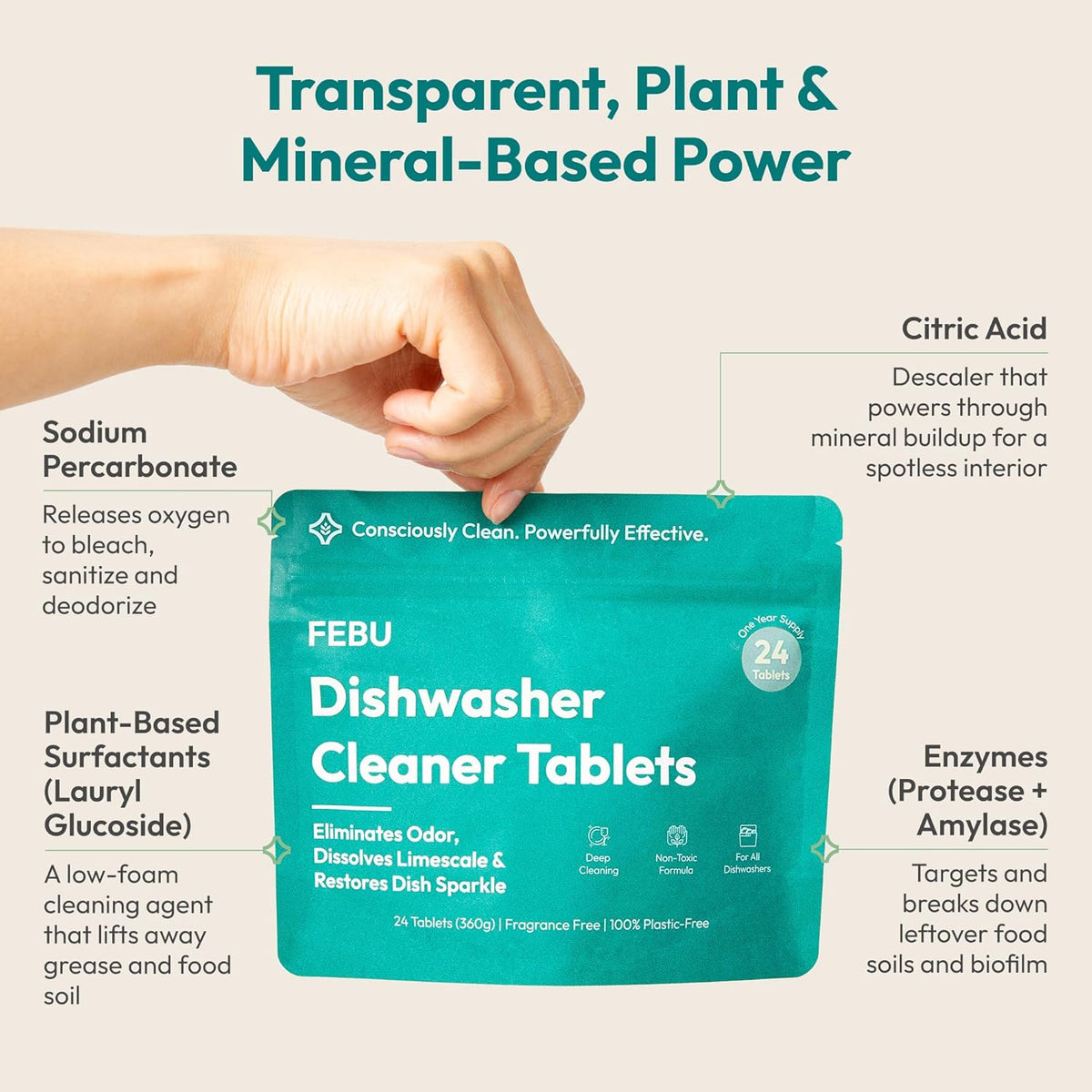 FEBU Dishwasher Cleaner Tablets Made in USA | Natural Dishwasher Cleaner and Deodorizer |