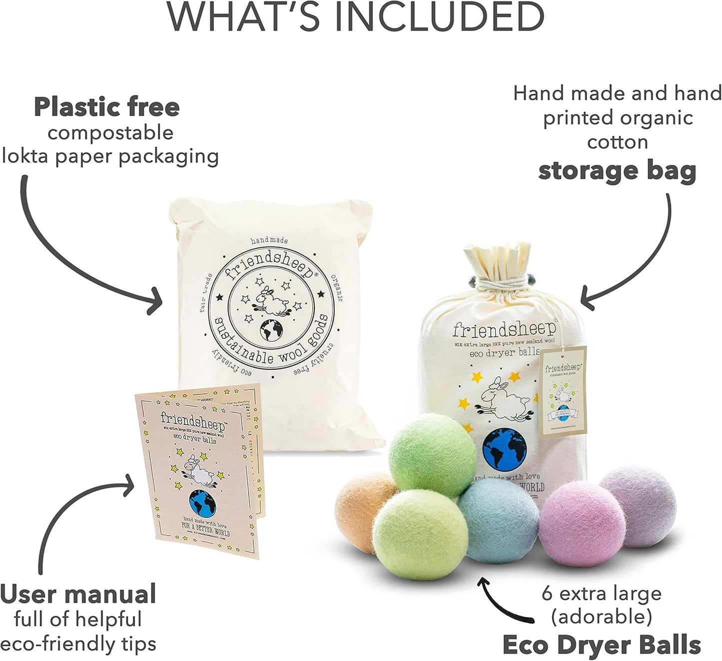 Friendsheep Wool Dryer Balls Organic Lavender 6 Pack XL Premium Reusable Cruelty Free Handmade Fair
