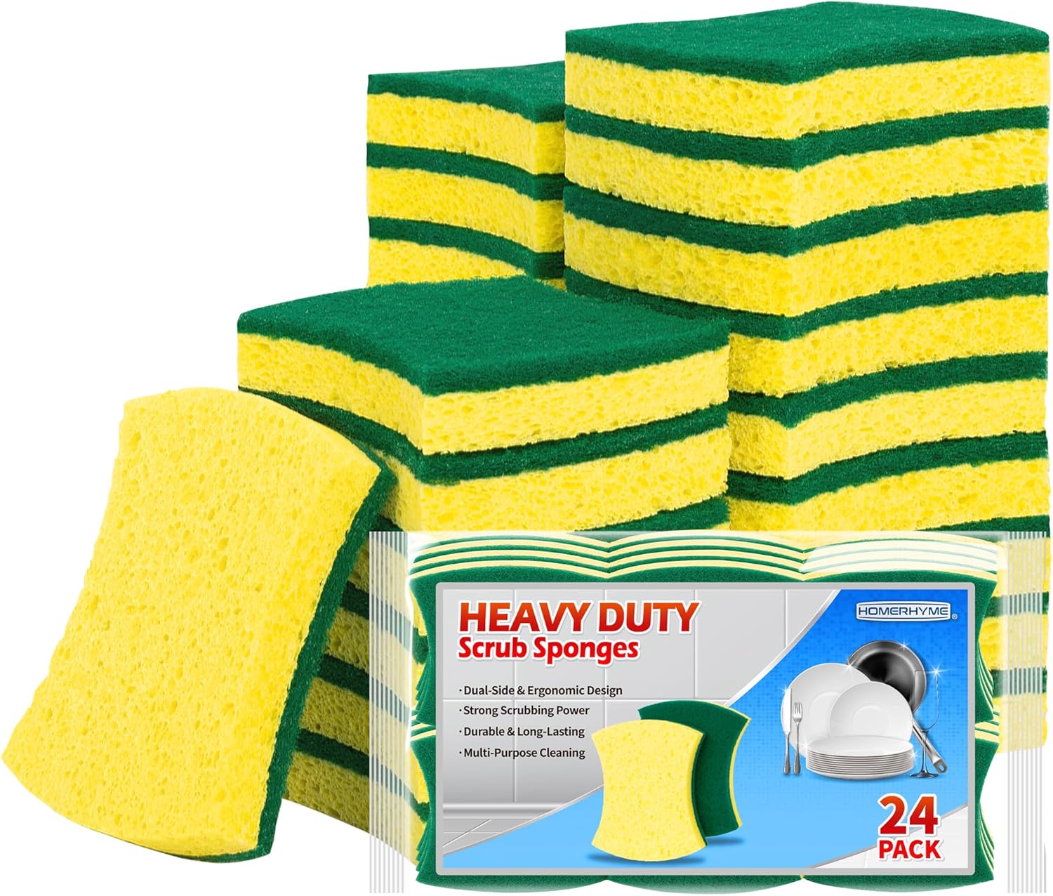 HOMERHYME Heavy Duty Scrub Sponge 24 Pack, Eco Cellulose Kitchen Dish Sponge Multipurpose Ergonomic