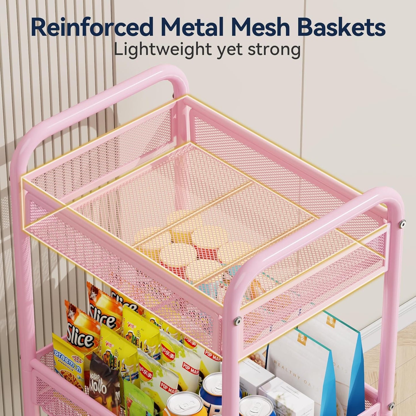 YASONIC 3 Tier Rolling Cart – Metal Utility Storage Cart with Wheels, Craft Cart Organizer with