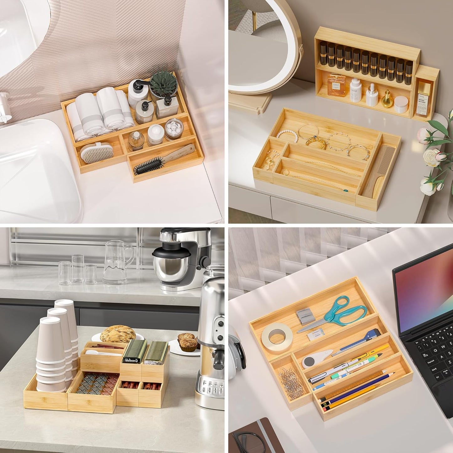Kitchen Drawer Organizer Bins, Stackable Bamboo Deep Drawer Organizer for Silverware, Utensils