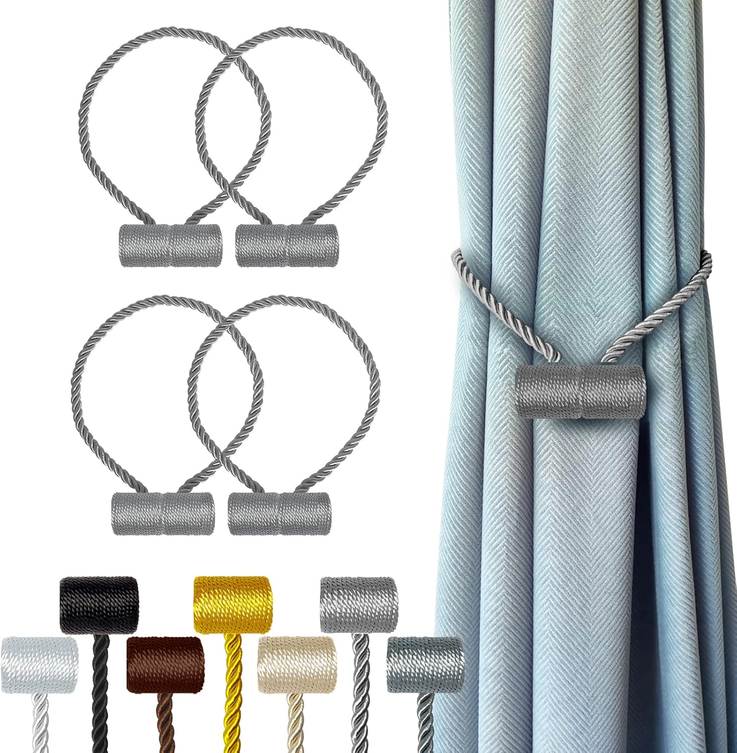 Hion Magnetic Curtain Tiebacks Grey 4 Pack, Curtain Tiebacks Buckles Holdbacks Holders Hooks Clip