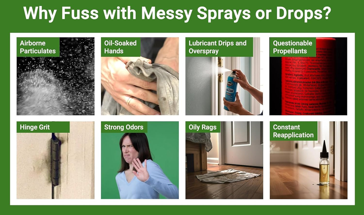The First-of-Its-Kind Lubricant Cartridge for Squeaky Door Hinges. Mess-Free, Odorless, Sprayless &