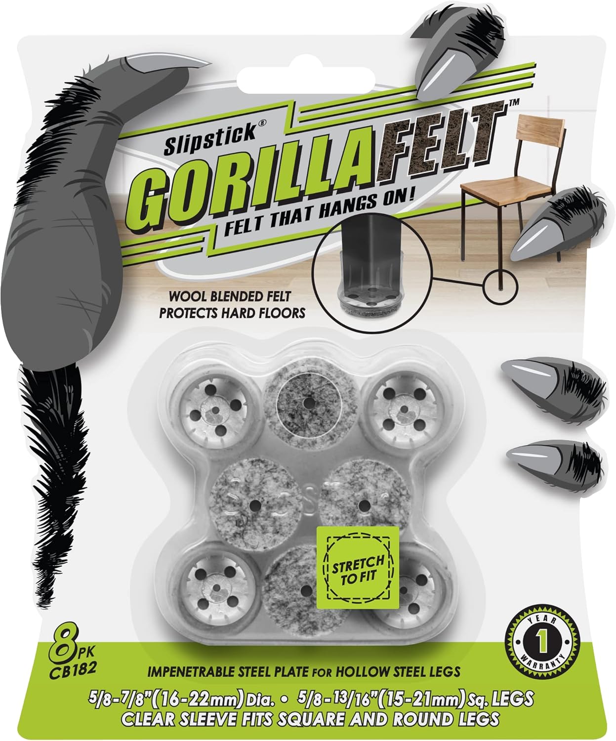 Slipstick GorillaFelt Chair Leg Floor Protectors for Hardwood Floors, Clear Sleeve Felt Pads for