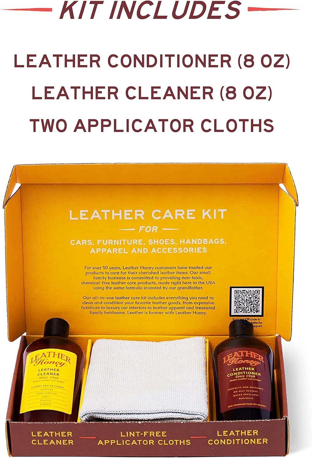 Leather Honey Complete Leather Care Kit: Cleaner, Conditioner, 2 Cloths. Non-Toxic Leather Care