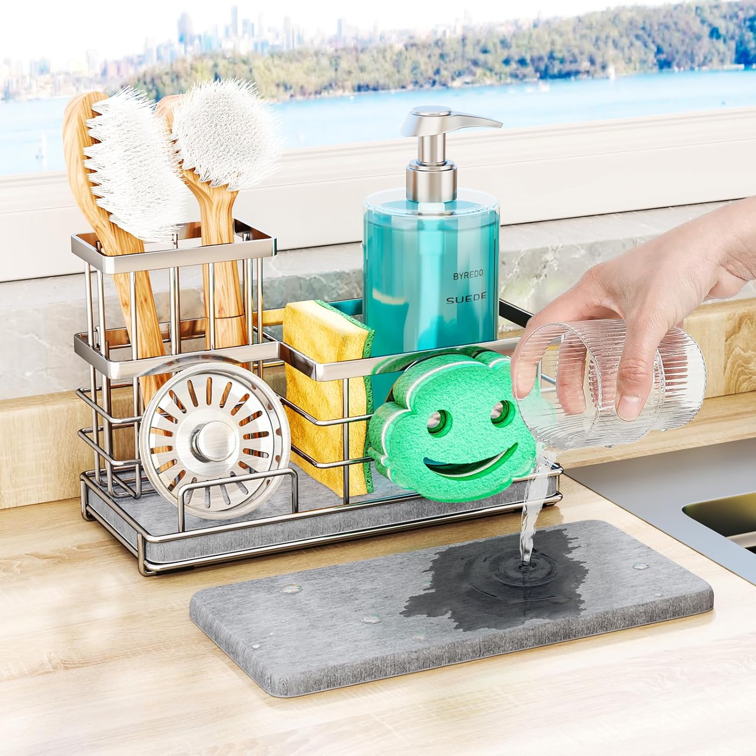 SWTYMIKI Kitchen Sink Caddy Organizer, Smiley Face Sponge Holder for Kitchen Sink, Instant Drying