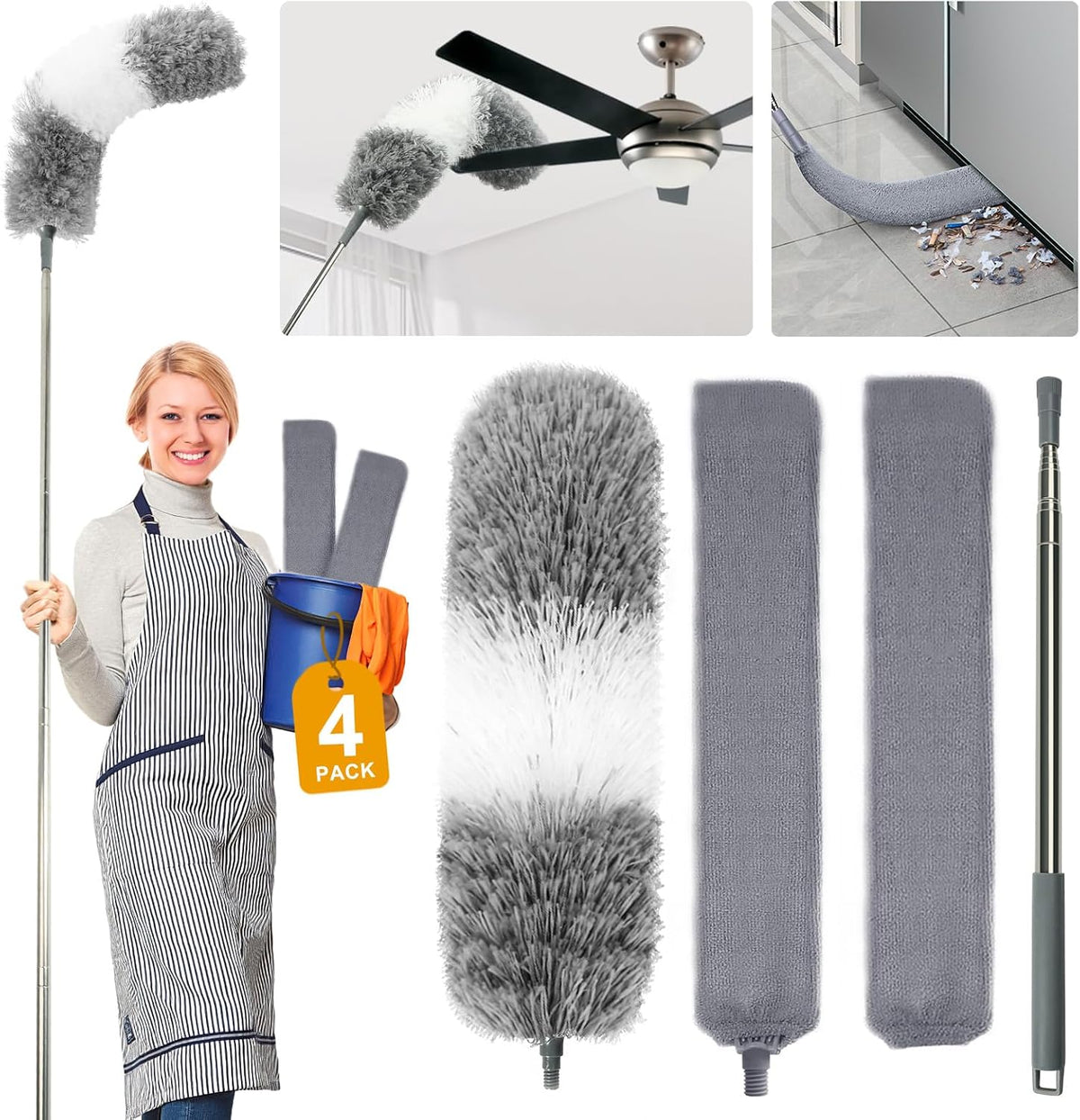 4 Pcs Dusters for Cleaning, 2 in 1 Microfiber Dusters and Retractable Gap Dust Cleaner with 1