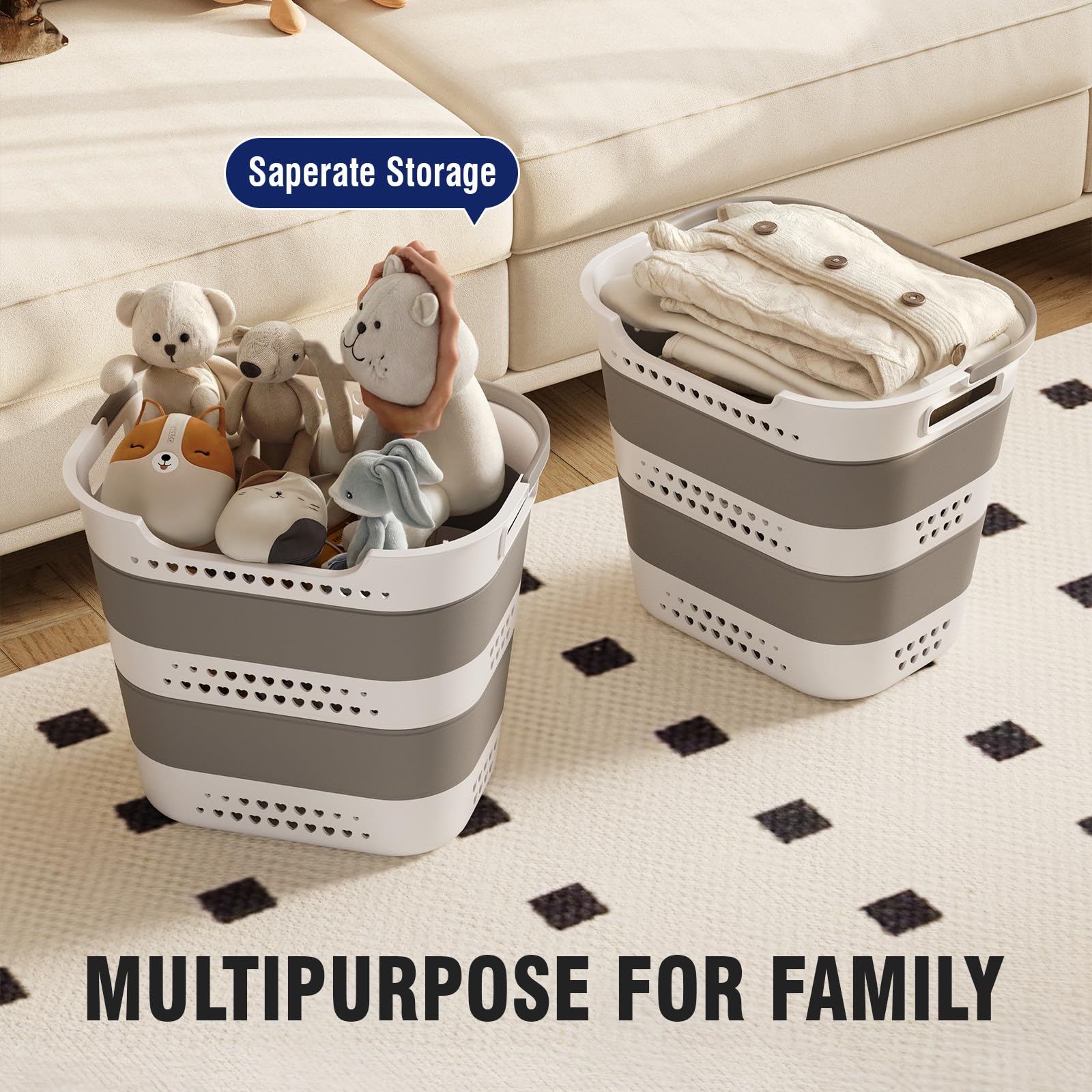 Collapsible Plastic Laundry Basket Hamper with Handles for Clothes Storage