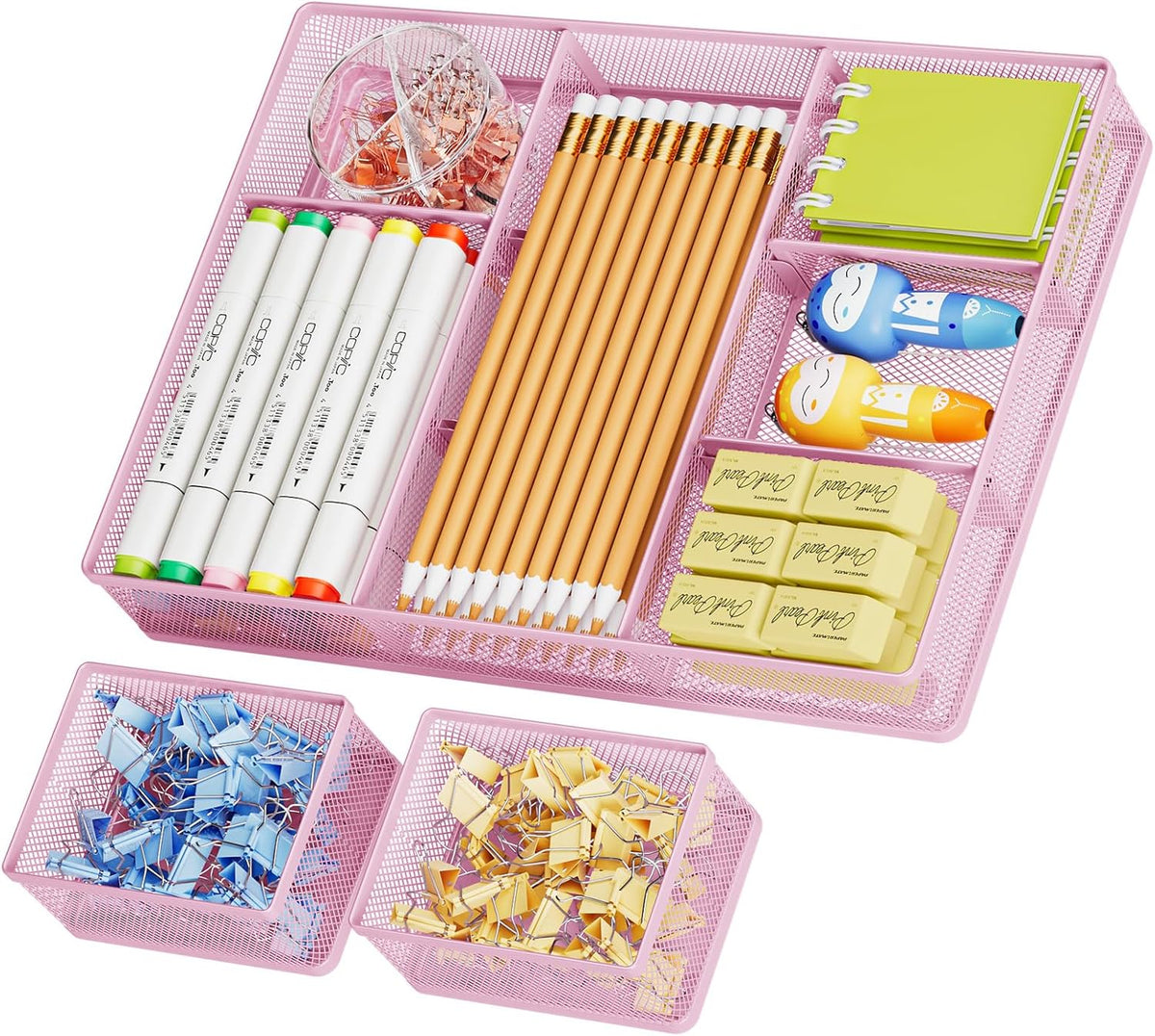 Marbrasse 3 Packs Desk Drawer Organizers, Metal Mesh Dividers with 9 Adjustable Compartments, Pen