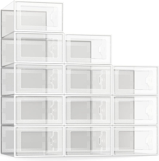 SEE SPRING 12 Pack Shoe Storage Box, Clear Plastic Stackable Shoe Organizer for Closet, Space