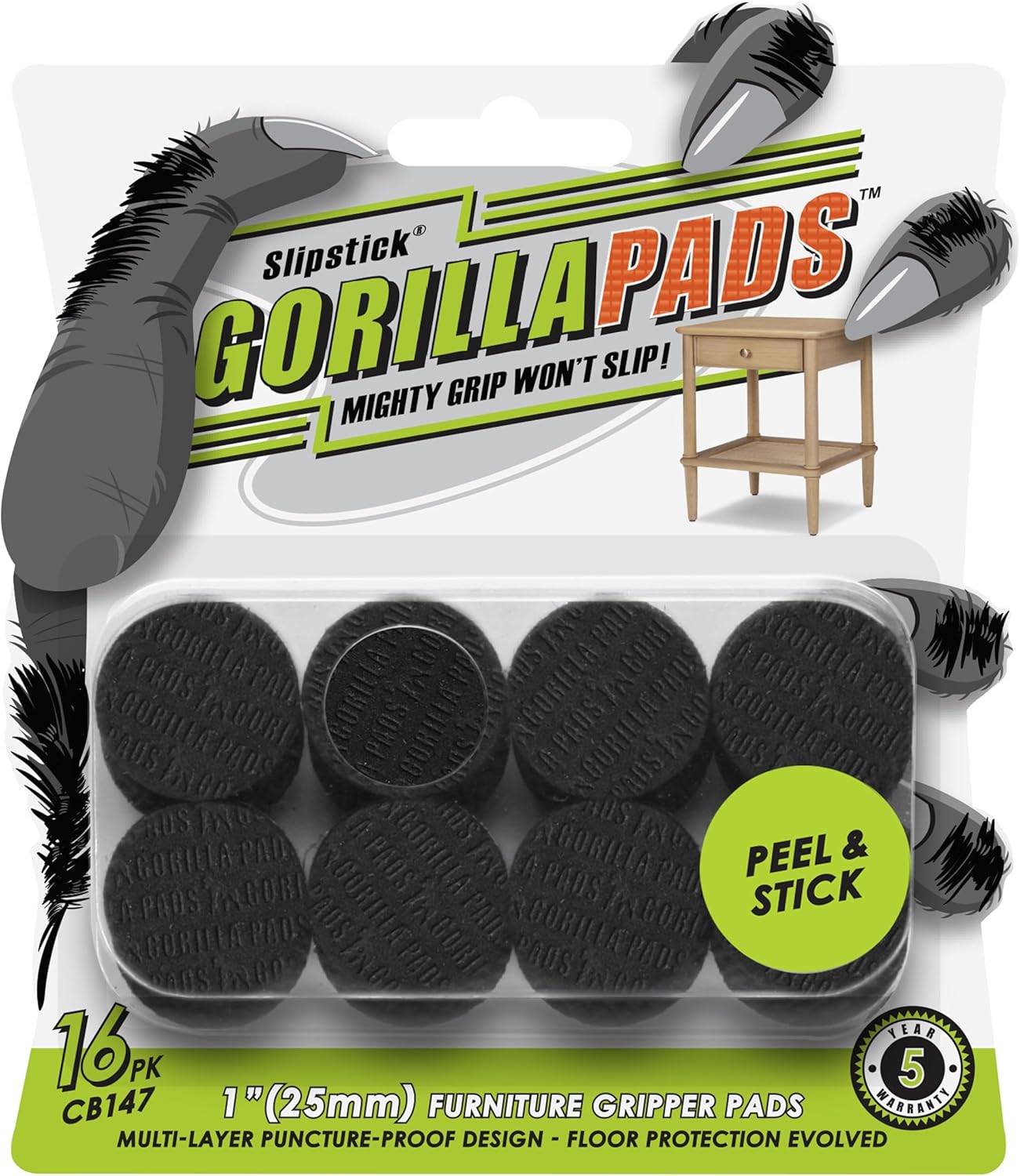Slipstick GorillaPads CB147 Non Slip Furniture Pads/Gripper Feet (Set of 16) Self Adhesive Rubber