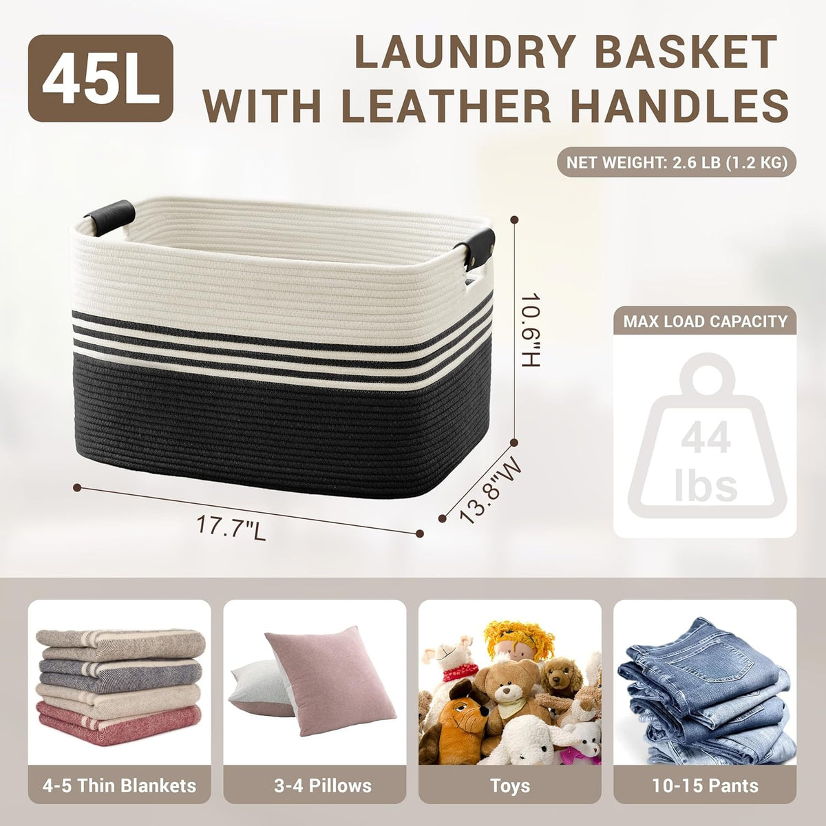 45L Small Laundry Basket with Leather Handles for Living Room Storage, Woven Rope Baskets Bin for