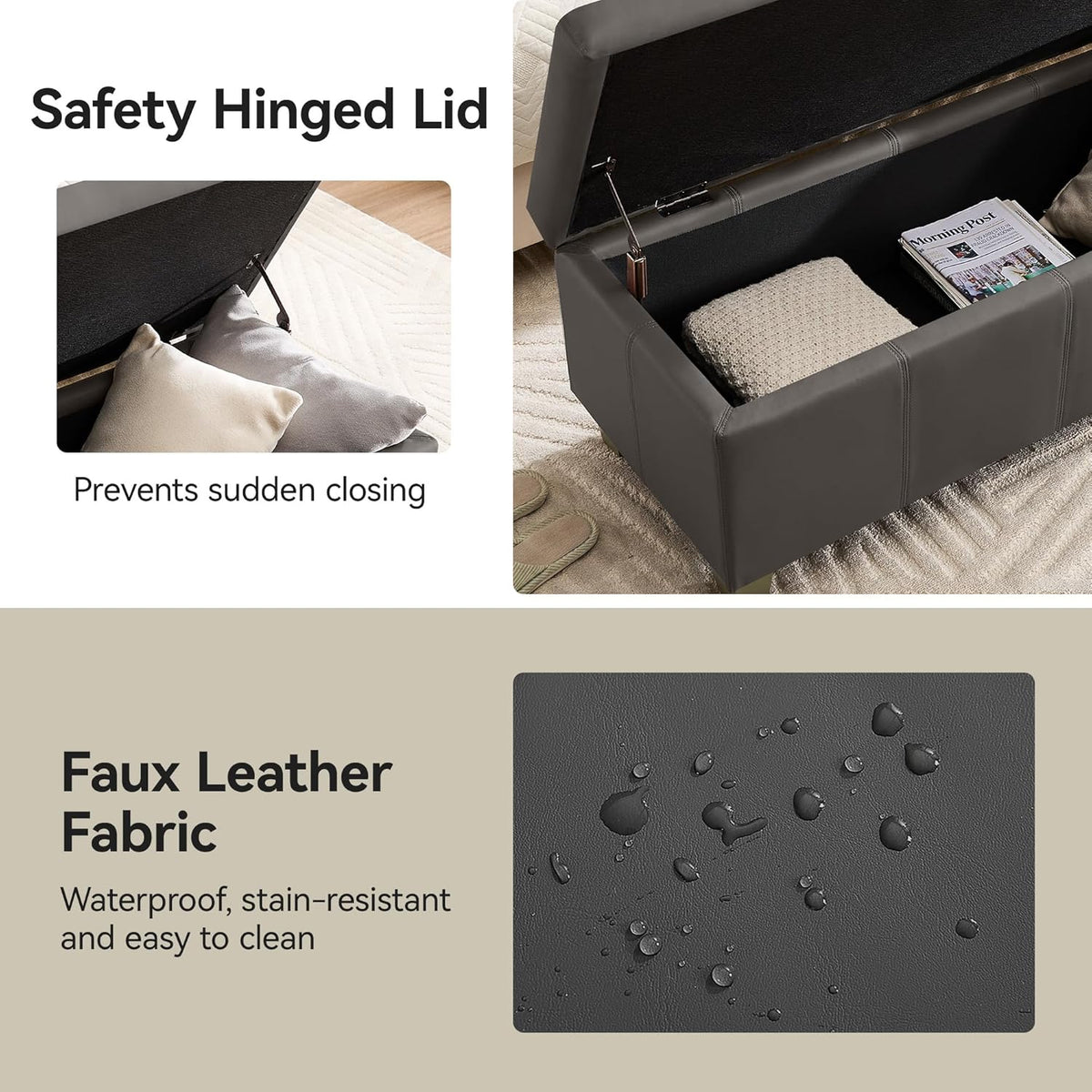 51" Faux Leather Storage Ottoman, Stitch Tufted Rectangle Upholstered End of Bed Storage Bench
