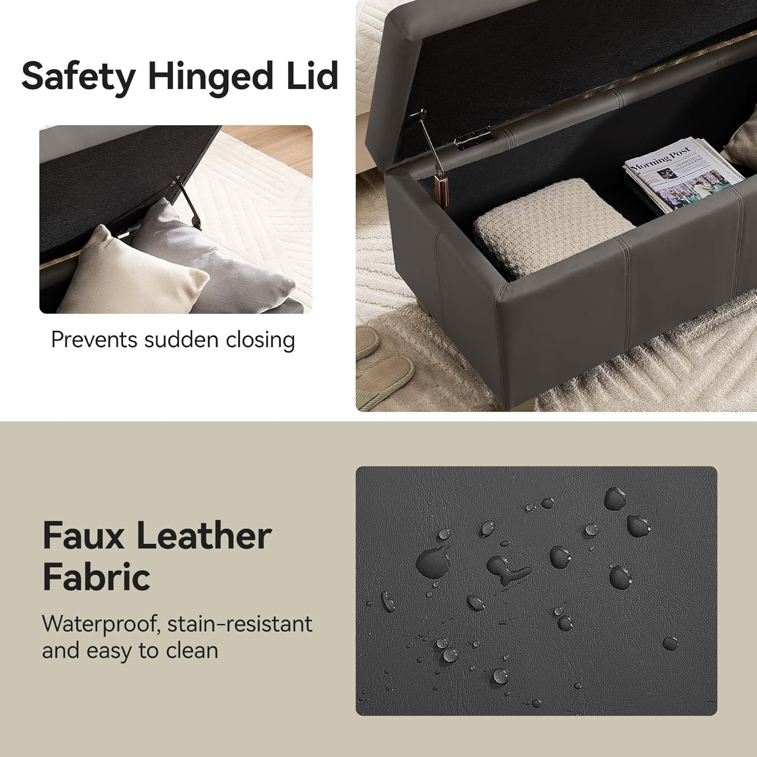 51" Faux Leather Storage Ottoman, Stitch Tufted Rectangle Upholstered End of Bed Storage Bench