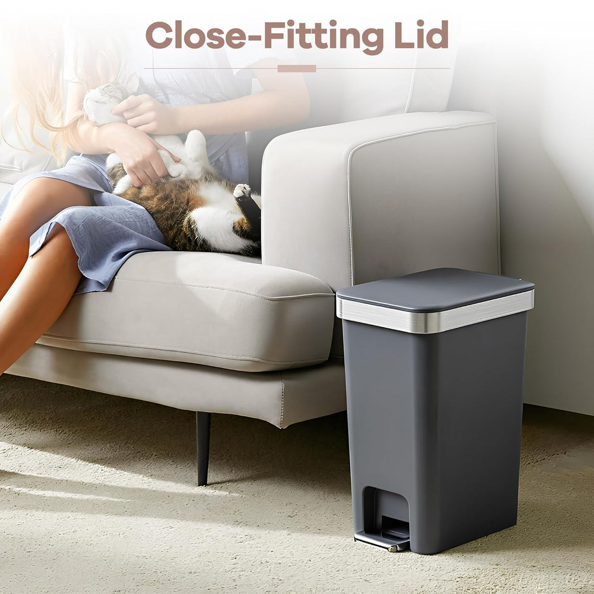 Small Bathroom Trash Can with Lid Soft Close, 10 Liter/2.6 Gallon Slim Garbage Can-Metal Step and