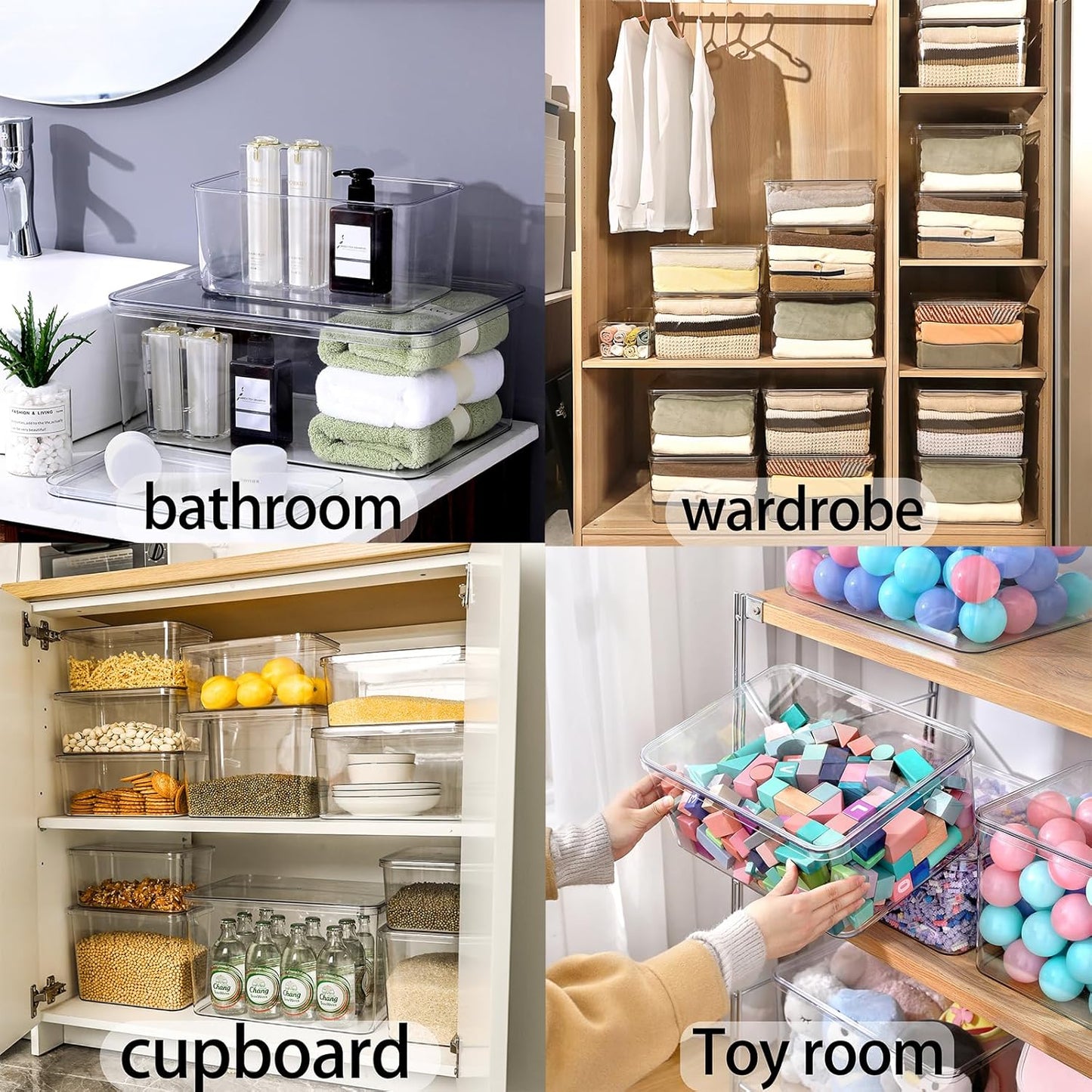 Lidded Plastic Storage Bins Set Clear Desk Basket Box Organizer Kitchen Container Clothes Laundry