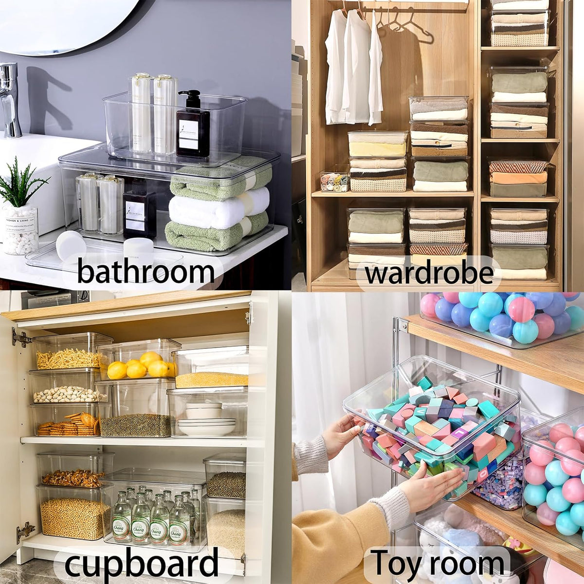 Lidded Plastic Storage Bins Set Clear Desk Basket Box Organizer Kitchen Container Clothes Laundry