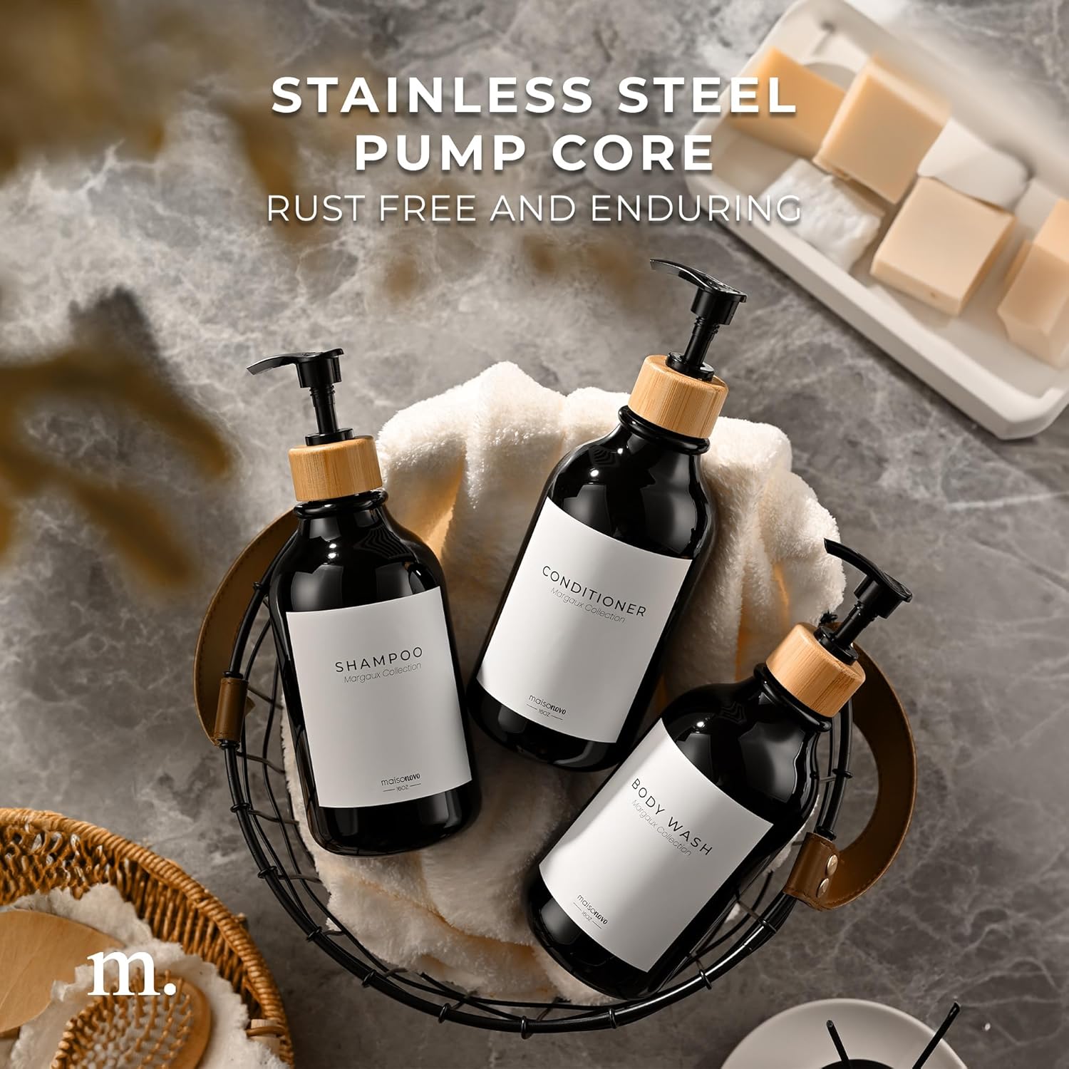 MaisoNovo Refillable Shampoo and Conditioner Bottles | 16.9 fl oz Set of 3 Black Plastic Bottles