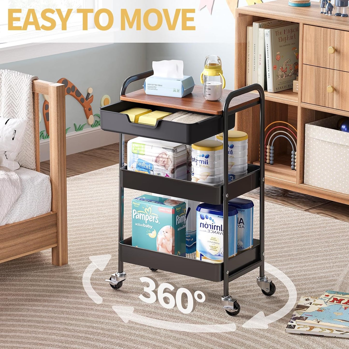 TOOLF 3-Tier Utility Rolling Cart with Wooden Board and Drawer, Metal Storage Cart with Handle