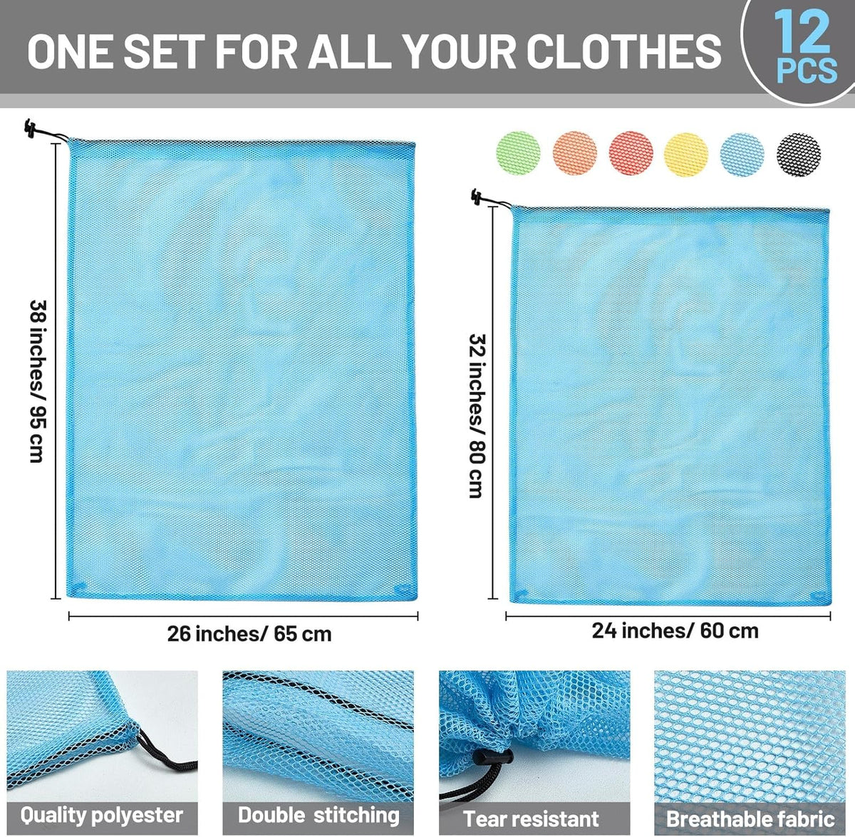 Berlune 12 Pcs Large Laundry Bag Colorful Extra Large Mesh Laundry Bag Bulk with Drawstring Heavy