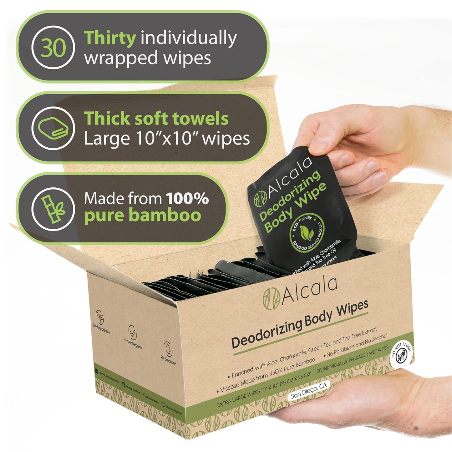 Alcala Deodorizing Body Wipes Individual Shower Wipes 100% Pure Biodegradable Bamboo Wet Wipes with
